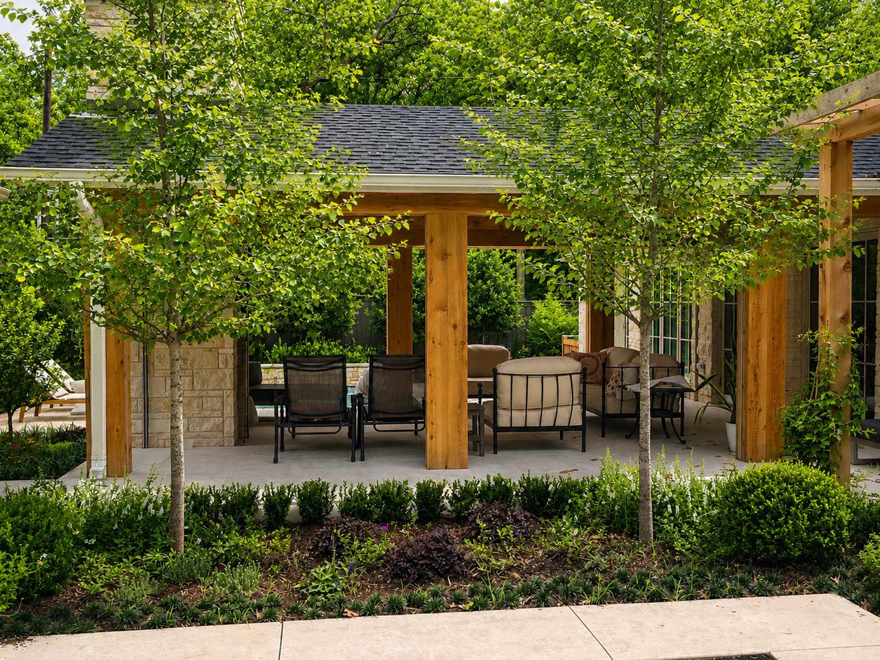 Historic Conservation - Lakewood Cape Cod Garden Estate - covered pavilion with seating and boxwood - luxury landscape design-build by Original Landscape Concepts in Dallas