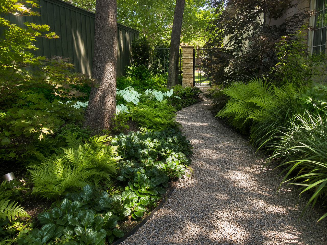 Historic Conservation - Lakewood Cape Cod Garden Estate - shade garden with fern and gravel path - luxury landscape design-build by Original Landscape Concepts in Dallas