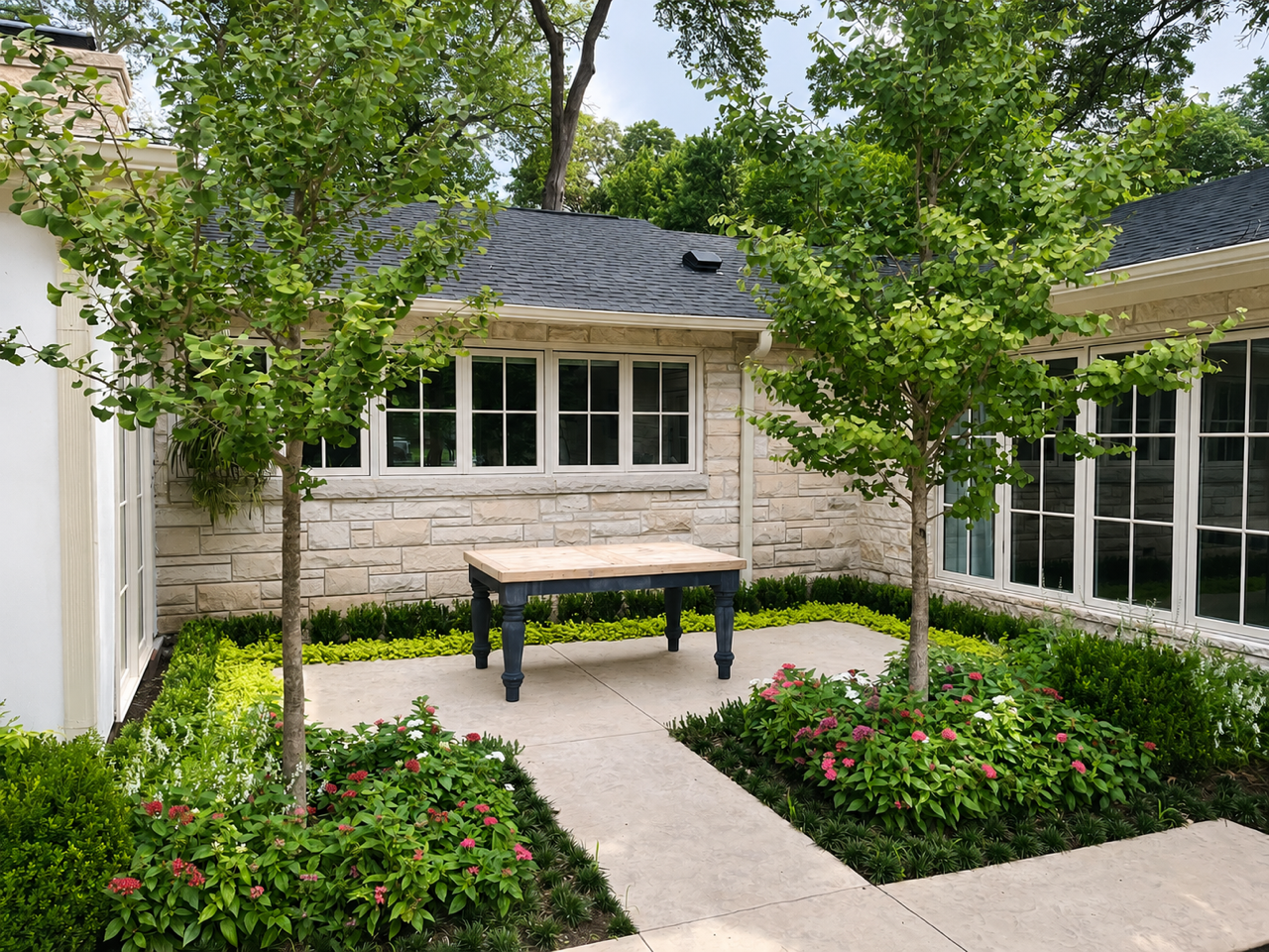 Historic Conservation - Lakewood Cape Cod Garden Estate - stone courtyard with dining area and ginkgo - luxury landscape design-build by Original Landscape Concepts in Dallas