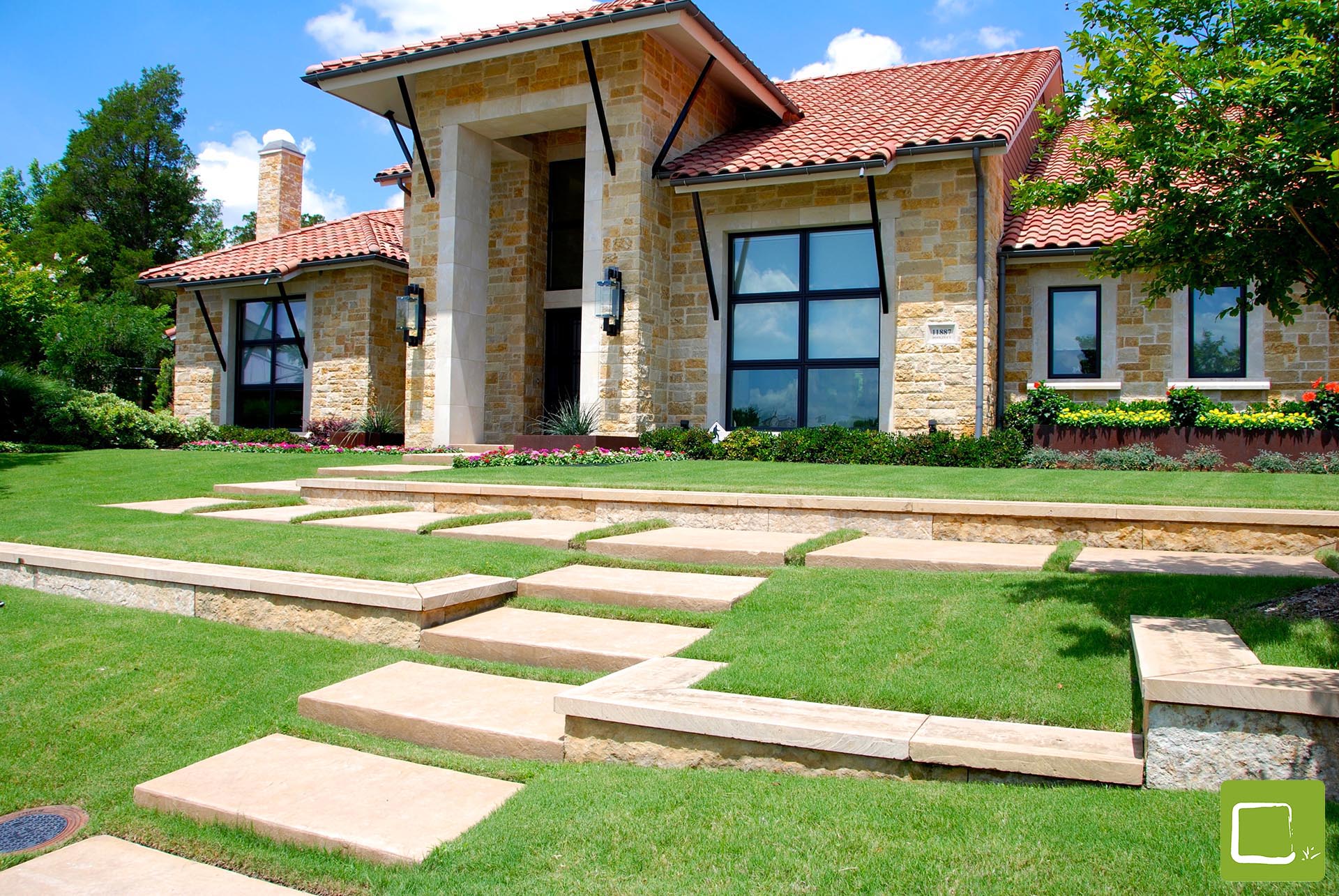 Modern prairie front yard stone path landscape in Dallas