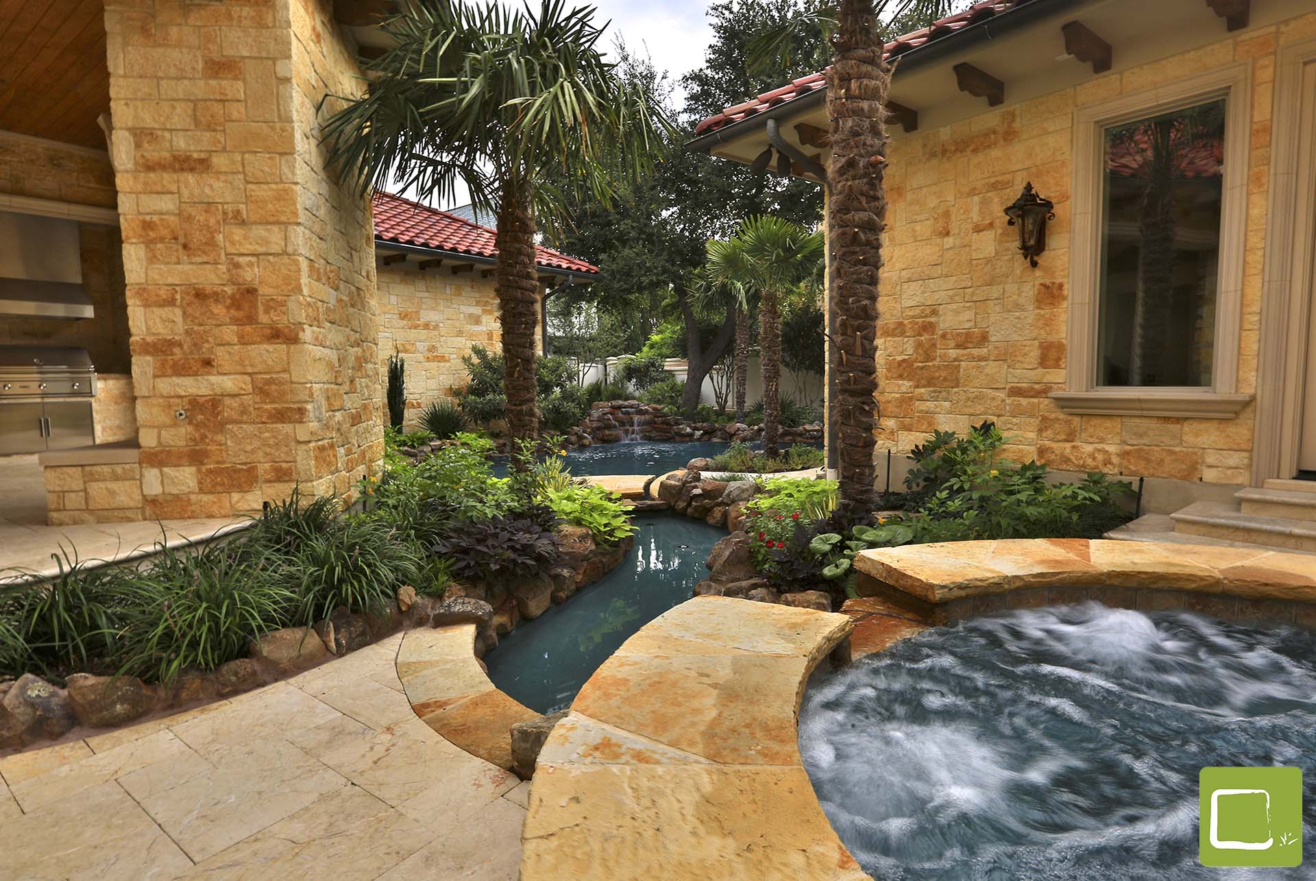 Tropical atrium pool spa Mediterranean landscape in Dallas