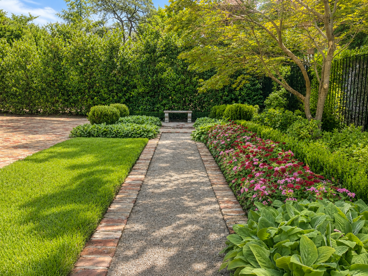 Historic Tudor Revival Garden in Dallas’ Lakewood Conservation District - brick path with perennial border and bench - luxury estate landscape design in Lakewood, Dallas