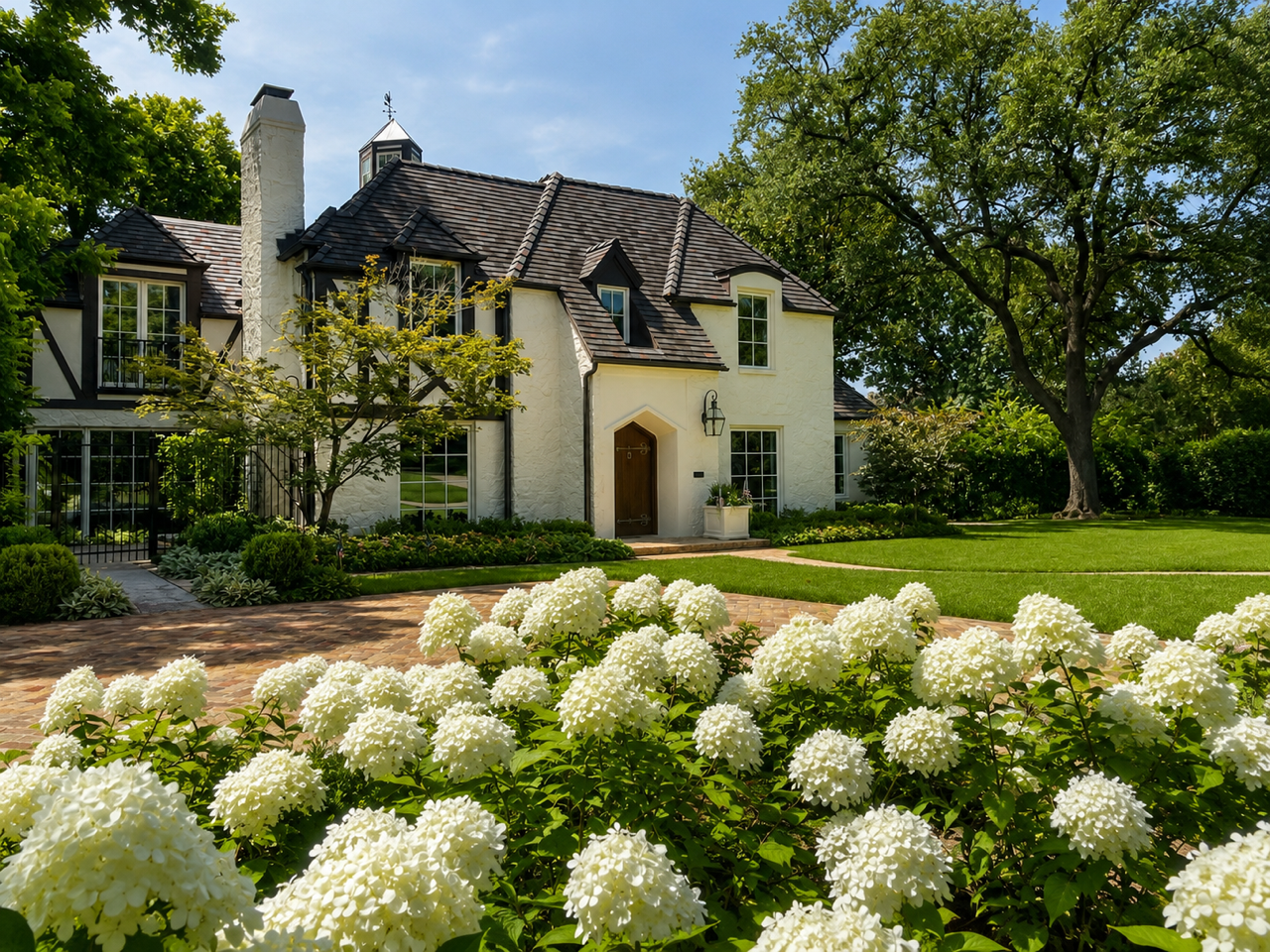 Historic Tudor Revival Garden white stucco facade with hydrangea court in Lakewood Conservation District, Dallas