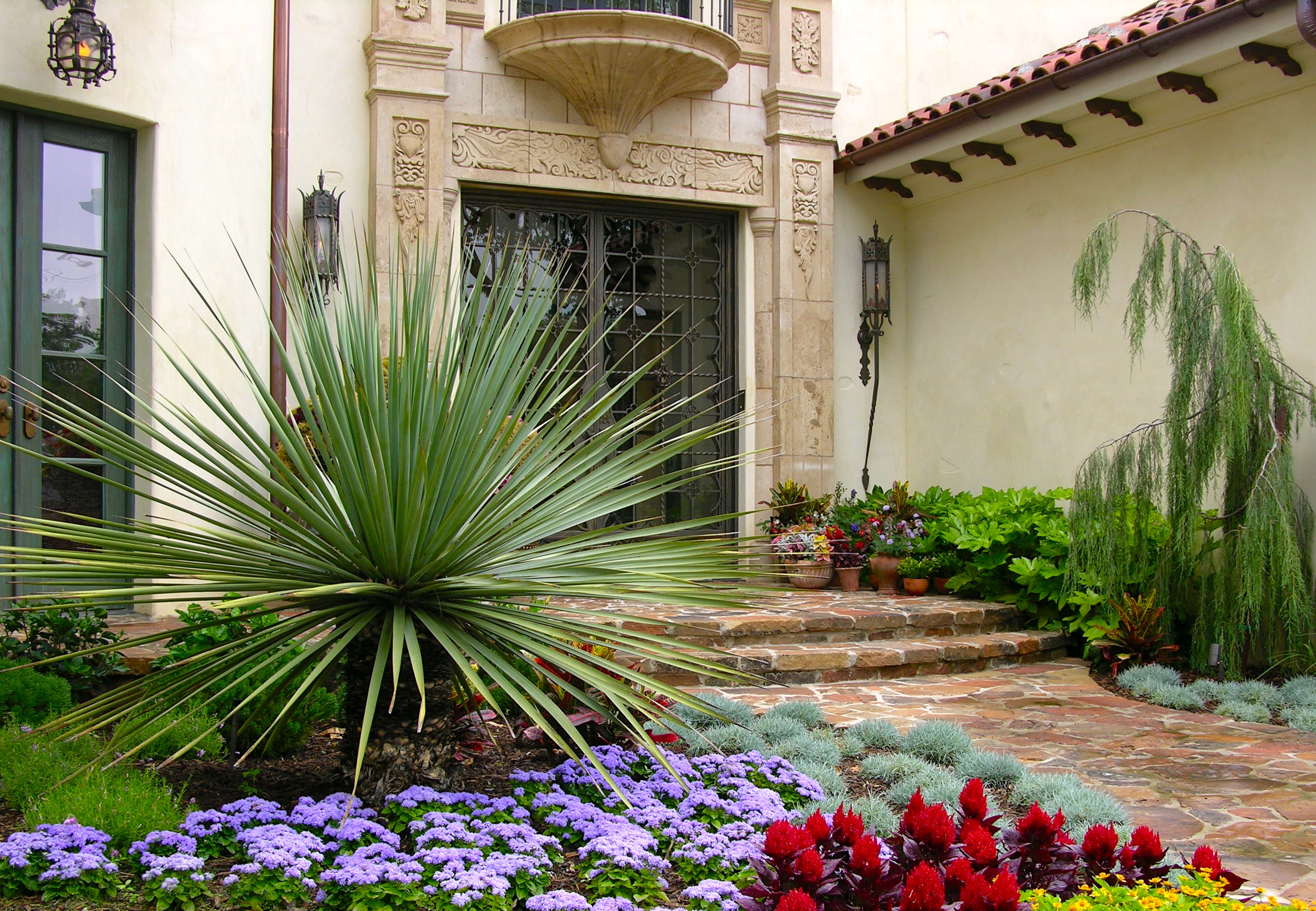 Modern Spanish Colonial Mediterranean pool landscape in Dallas